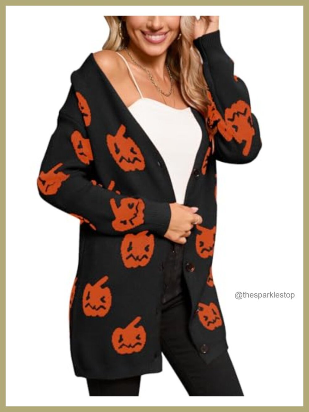 Cable Knit Button Down Cardigan Long Sleeve Halloween Pumpkin Women's Sweater